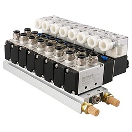 Baomain Solenoid Valve 4V210-08 DC 24V PT1/4 2 Position 5 Way 8 Space Manifold with Base Muffler Quick Fittings Set