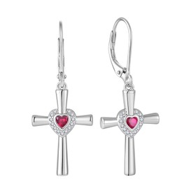 Raymard Cross&Heart Leverback Earrings for Womens, 925 Sterling Silver Dangle Drop Heart Cut Birthstone Christian Jewelry for Women-created ruby