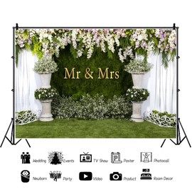 10x8ft Arch Wedding Flowers Backdrop Romance Bridal Floral Wall Background Vinyl Mr ＆ Mrs Sign Proposal Flowers Curtain Ceremony Banner Bridal Shower Photography Background Decoration