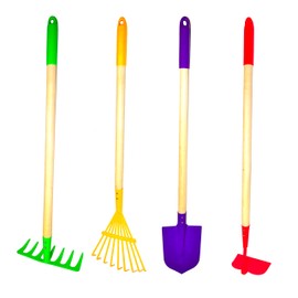 JustForKids Kids Garden Tool Set Toy, Rake, Spade, Hoe and Leaf Rake, reduced size , made of sturdy steel heads and real wood handle, 4-Piece, Multicolored, 5yr+