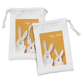 Ambesonne Easter Fabric Pouch Set of 2, Happy Easter Bunnies on a Warm Toned Background Abstract Animal Design, Small Drawstring Bag for Toiletries Masks and Favors, 9" x 6", Orange Coconut Brown