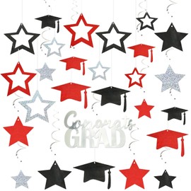 MARFOREVER 48 Pcs Graduation Party Decorations Glitter Black Red Silver Set, Graduation Hat and Stars Hanging Swirl Ceiling Decorations for 2025 High School College Classroom Party Supplies