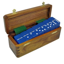 Marion Domino Double Six Blue Jumbo Tournament Professional Size with Spinners in Dovetail Sheesham Wood Box.