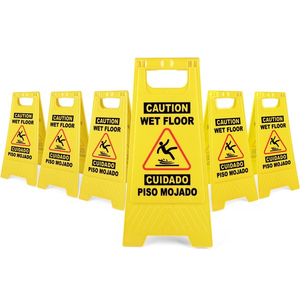 XPCARE 6-Pack Caution Wet Floor Sign,Bilingual Warning Signs,2-Sided Fold-Out,A Frame Safety Wet Floor Signs Commercial,24 Inches,Yellow