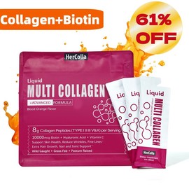 HerColla Multi-Collagen Glow Shot – 8g Collagen Peptides, 10,000 mcg Biotin, Hyaluronic Acid & Vitamin C Liquid Supplement for Skin, Hair, Nails & Joints, Blood Orange Flavor