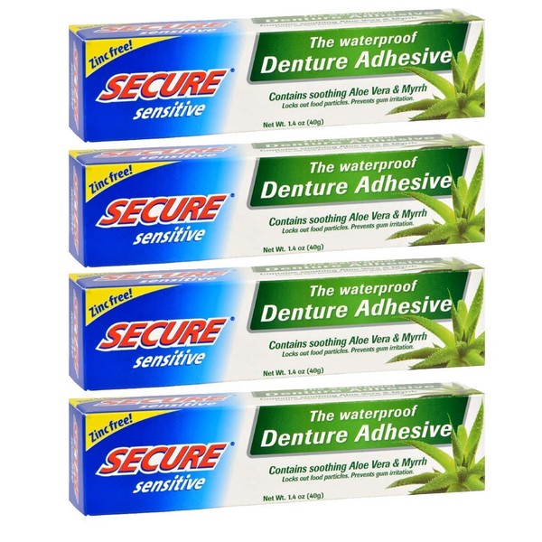 Secure Sensitive Gums Waterproof Denture Adhesive Zinc Free with Aloe Vera & Myrrh - Extra Strong 12 Hour Hold - 1.4 oz (Pack of 4)