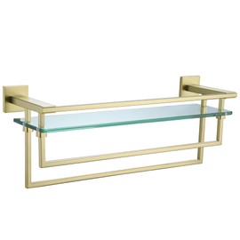 LANC Bathroom Glass Shelf with Towel Bars 20-Inch Floating Tempered Glass Shelves with 2 Towel Rails Brushed Gold Cologne Shelf for Men Shower Bath Storage Glass Rack Wall Mount Heavy Duty，A7617BG