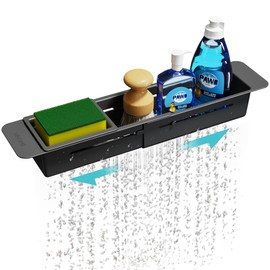 NiHome Extendable Over Sink Kitchen Organizer, Small Telescopic Brush Storage Rack for Sponge, Non-Slip Pads Expandable Sink Caddy, Adjustable Sponge/Brush Rack with Drainage Durable ABS (Black)