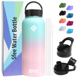 Sfee Insulated Water Bottle, 40 oz Stainless Steel Water Bottle with Straws&3 Lids, Wide Mouth Double Wall Vacuum Metal Water Bottle Leak-Proof BPA Free Sports Water Bottle+ Cleaning Brush (Spink)