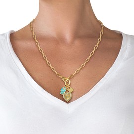 Jessica Simpson Womens Triple Charm Necklace 17" - Gold-Tone Necklace with Lock Charm and Heart Charms, IMITATION GOLD, acrylic stones