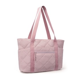 befen Tote Bag for Women, Lightweight Puffy Tote Bag with Compartments, Large 15.6 Inch Laptop Shoulder Bag with Zipper, Quilted Shoulder Bag Handbag for Travel, Work, Gym, Pink