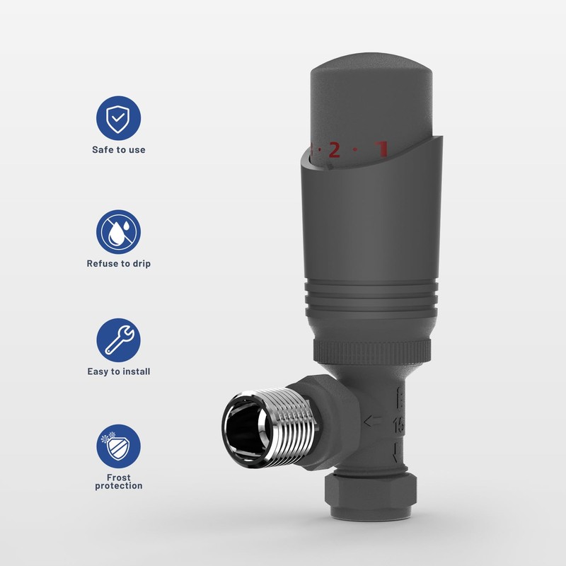 Vancoco Anthracite TRV Angled Thermostatic Radiator & Towel Rail Valve