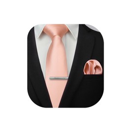 HISDERN Mens Pink Ties for Men Dusty Rose Gold Ties and Pocket Square Classic Wedding Satin Silk Necktie Formal Business Blush Pink Solid Tie Handkerchief Clip Set