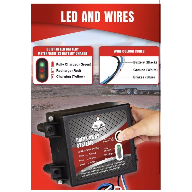 Jack Boss Upgraded Trailer Breakaway Kit, LED Test Controller System