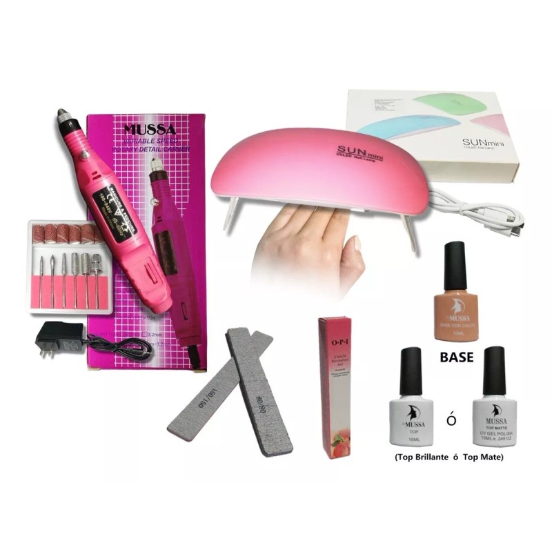 Minisun Kit Gel Gama 6p+lampara 9w Rosa+pulidor+base+top+aceite+lima