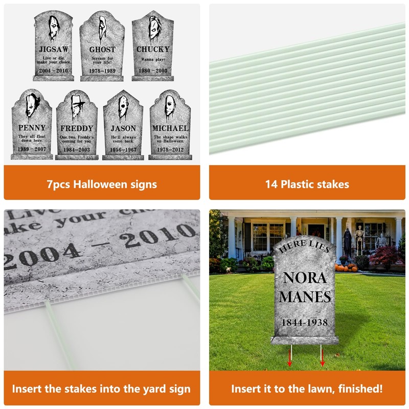 Arosche Halloween Horror Tombstone Plastic Yard Signs 7Pcs with Stakes
