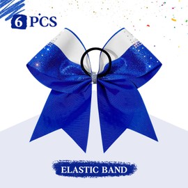 6PCS Large Glitter Cheer Bows Royal Blue and White 8" Rhinestones Stiff Competition Hair Bows Two Colors Elastic Band for Cheerleaders Girls -Royal Blue/White