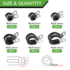 EXLECO Pack of 52 Cable Clamps for Screwing Cable Clamps Stainless Steel Kit Rubber P Clips Pipe Clamps with Rubber Insert Clamps with Rubber Cable Clamp for Pipe Wire 6 mm 8 mm 10 mm 13 mm 16 mm 19