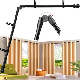 Corner Curtain Rod for Windows - L Shaped 30 to 136 Inches Adjustable,1 Inch Heavy Duty Corners Window Curtain Rods, 180° Connector Angled Drapery Pole -Black