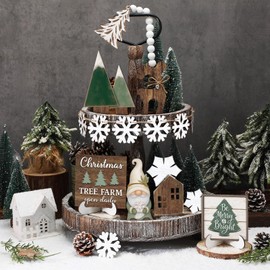 Yalikop 20 Pcs Neutral Sage Green Christmas Tiered Tray Decor Set Farmhouse Rustic Snowflake Xmas Tree Wood Table Centerpiece Decoration Tabletop Sign for Winter Home Kitchen Festival