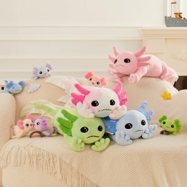 Tezituor Giant Axolotl Stuffed Animal with 4 Babies,31.5" Luminous Axolotl Plush Pillow Toy Realistic Soft Axolotl Plushies Birthday Gifts for Boys Girls