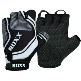 ROXX Cycling Gloves Fingerless Mens Women Unisex Gel Padded Cycling Gloves Half Finger Bike Riding Mitts (Large, White Strips)