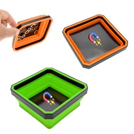 Yourkar 2 PCS Collapsible Magnetic Parts Tray, 4.5 Inch Foldable Magnetic Square Silicone Tray, Tool Tray Set with Double-Sided Magnetic Base for Screw Bolts Nuts Pins, Car Accessories (Green+Orange)