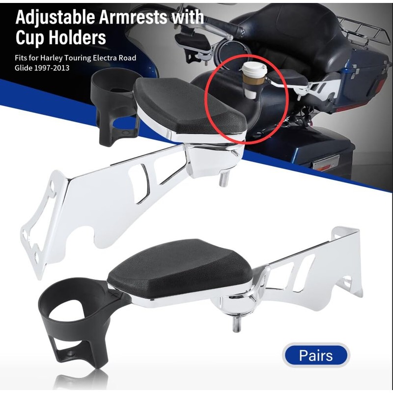 Passenger Armrests, with Cup Holders Adjustable Armrest for Harley Touring