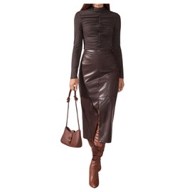 Floerns Women's Elegant Leather High Waist Midi Skirt Slit Hem Office A Line Skirt Brown Medium
