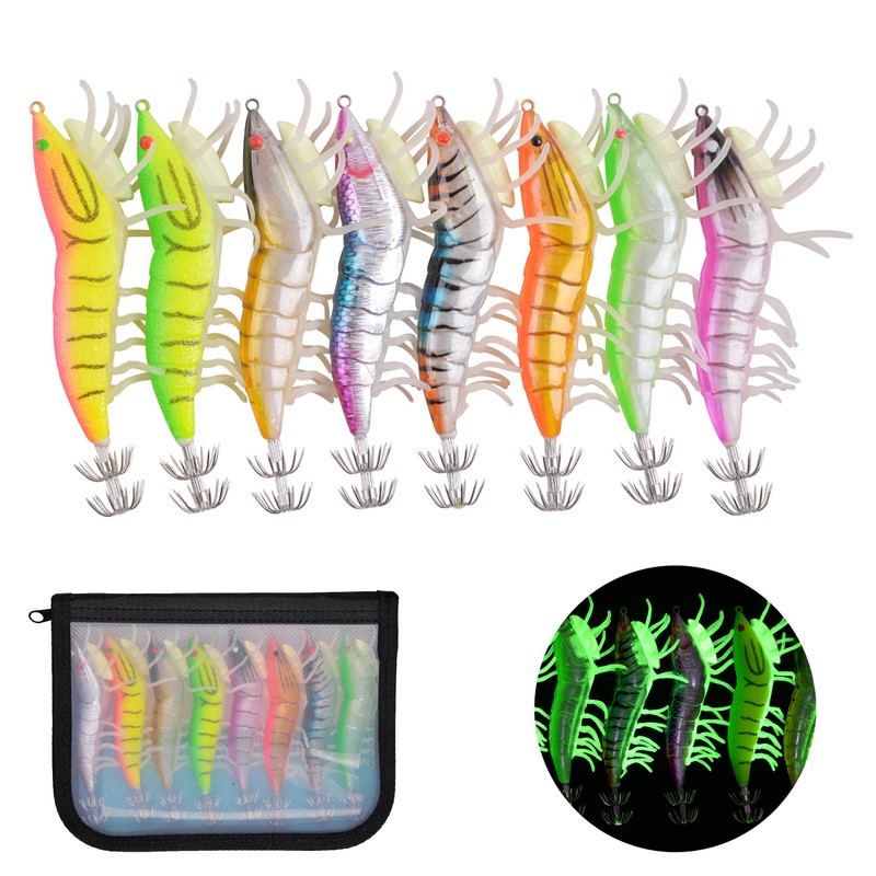 Luminous Shrimps Squid Jig Lure, 8PCS Artificial Fishing Lure Baits