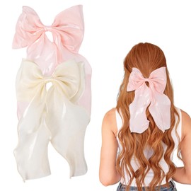 2 Pack Pink Bow Hair Clips, Long Tail Hair Bows for Women Large Mesh Bows for Hair BowKnot Hair Accessories for Women and Girls(Light Pink, Apricot)