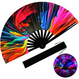 TAYUQEE 13" UV Glow Rave Fan - Foldable Popping Hand Fan for Line Dancing, Home Decoration, Gift, Music Festival Essential, EDM Rave Accessories