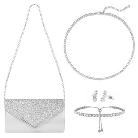 GANZHOUYILAN 4 Pcs Silver Glitter Clutch Purse and Jewelry Set for Women, Sparkly Evening Handbag with Rhinestone Tennis Necklace Bracelet Dangle Earrings, Prom Wedding Bridal Accessories Party