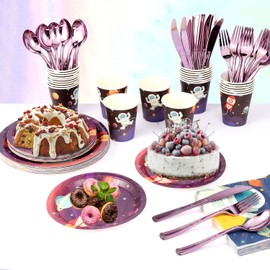 200Pcs Disposable Party Dinnerware Set, Paper Tableware Set, Disposable Party Supplies Happy Birthday Paper Plates, Napkins, Cups, Plastic Forks Knives Spoons Straws Favor for 25 Guests