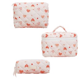 Curtainboro 3pcs Quilted Makeup Bag, Coquette Cosmetics Large Capacity Pouch Travel Cosmetic Bag Set Printed Makeup Pouch Large Capacity Portable Toiletry Bag Organizer for Women Girls