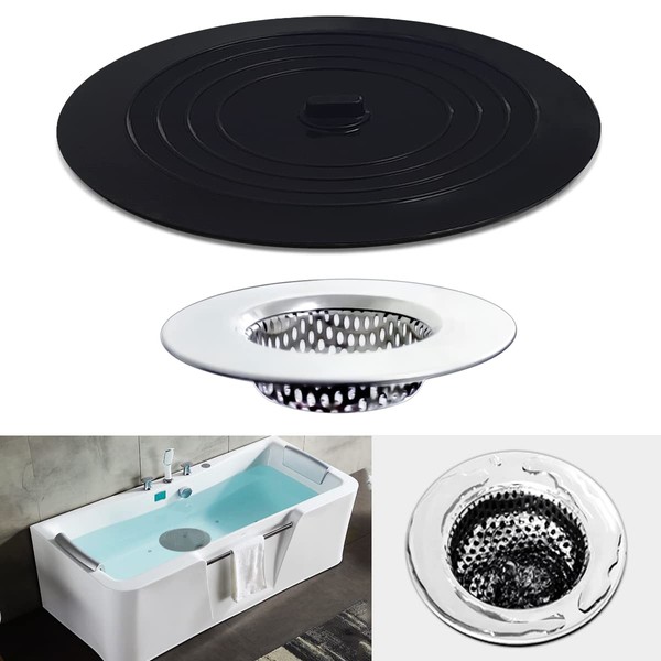 Huntonry 2PCS Bathtub Strainer Stopper Kit, Shower Drain Hair Catcher with Large Stopper, Bathroom Drain Cover, Hair Filter for Tub / Laundry, RV and Lavatory Sink Drain, Fit for 1.65" to 3.0"