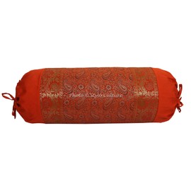 Stylo Culture Traditional Polydupion Cylindrical Yoga Bolster Pillow Cover Orange Jacquard Brocade Border Paisley Large Sofa Round Cylinder Cushion Cover (1 Pc) | 30x15 Inches (76x38 cm)