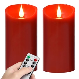 Flameless Battery Operated Flicking Candles:Remote Control Realistic Wax Pillar LED Candle with 10-Key Cycling 24 Hours Timer for Home Decoration Wedding Birthday Party Ivory 2PACK Red