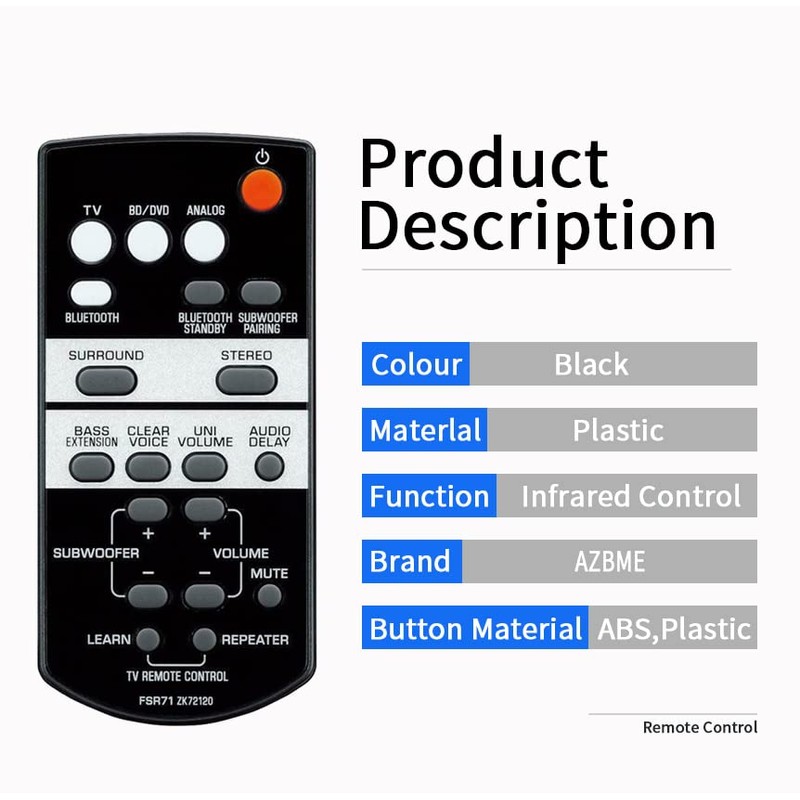 Replacement Remote Control for Yamaha FSR71 ZK72120 Sound Bar System