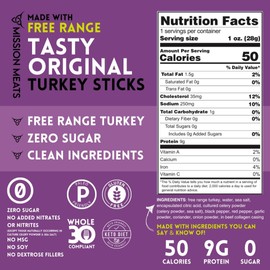 Mission Meats Turkey Sticks – 100% Free Range, Sugar & Gluten Free, Individually Wrapped Paleo and Whole 30 Snacks, Original 1oz (Pack of 72)