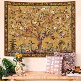 Faxdong Boho Tree of LIfe Tapestry, Vintage Flower Leaves Birds Plant Animal Pattern Tapestries, Retro Indian Bohemian Aesthetic Wall Hanging Orange Yellow 60×80 inch