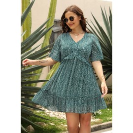 Nemidor Womens Loose Plus Size Summer Ditsy Floral Print Ruffle Mini Flowy Dress NEM314(20,Green Leopard)