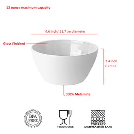 ZAINCA - Cuencos pequeños de melamina - Juego de 6 cuencos pequeños de 12 onzas, cuencos de inmersión para salsas, tazón de postre para cocina, apto para lavaplatos, blanco