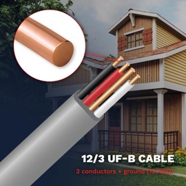 VN Infinite quality 12/3 UF-B Electrical Copper Wire 12 AWG 3 Connector Direct Burial Electrical Cable for Underground Feeder and Branch Circuit Cable Gray Indoor & Outdoor (25 Ft)