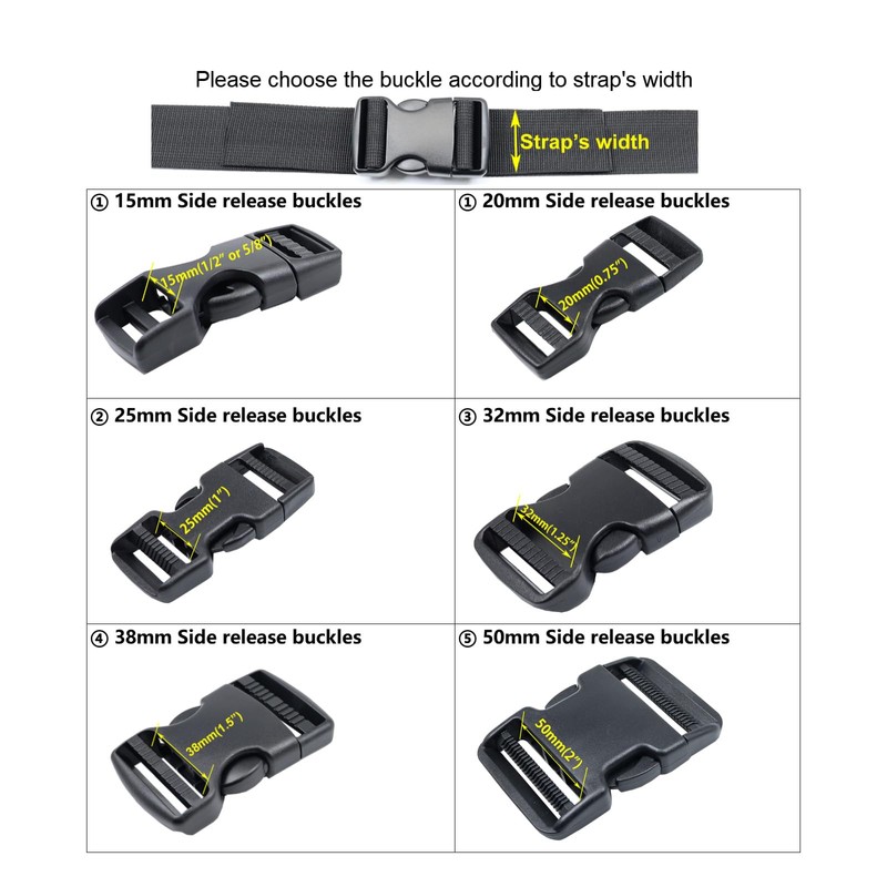 BAIWOAK Quick Release Buckles 15mm/20mm/25mm/32mm/38mm/50mm, Double Adjustable Plastic Buckle Clips