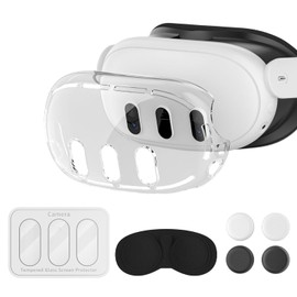 Protective Case for Meta Quest 3, Accessories for Meta Quest 3, Impact and Heat-Proof Case Come with Inside Lens Cover, 3 Lens Tempered Glass Protector, 4 Joystick Caps