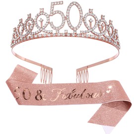 FLOWERBB 50th Rose Gold Birthday Girl Sash and Tiara for Women Set Birthday Girl Headband Princess Crown Rhinestone Happy Birthday Accessories