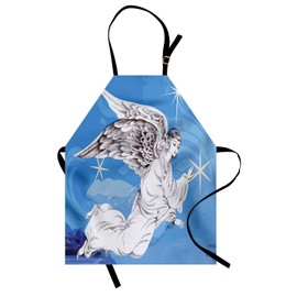 Lunarable Angel Apron, Woman with Wings on Blue Tones Backdrop Print, Unisex Kitchen Bib Apron with Adjustable Neck for Cooking Baking Gardening, White Dark Mauve Deep Sky Blue Grey Yellow