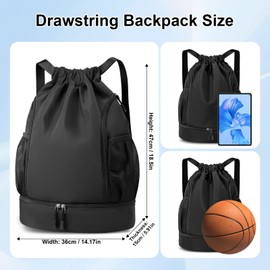 Drawstring Backpack Sports Gym Bag, Water Resistant String Bag Gym Sports Bag, Shoe Compartment Side Mesh Pockets Bulk Cinch Bag for Women Men (Black)
