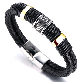 HALUKAKAH ● Solo ● Men's Genuine Leather Titanium Bracelet Black & Golden 8.46"(21.5cm) with Free GIftbox